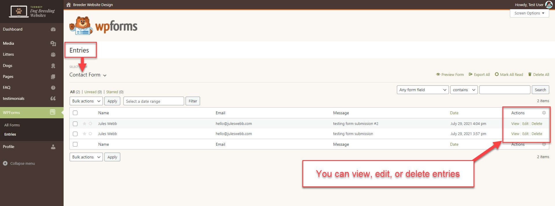 WPForms - Specific Form Entries - Screenshot