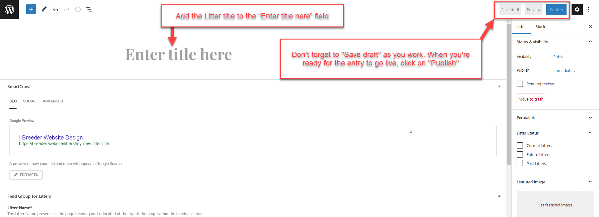 Litters - Add Page Title Screenshot